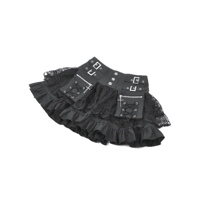 Women's Punk Cross Lace-up Pocket Ruffled Mini Skirt