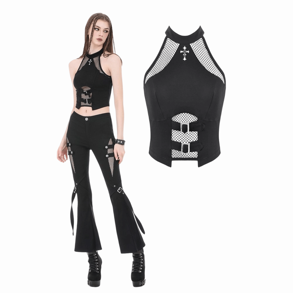 Women's Punk Cross Mesh Splice Halter Tank Top – Punk Design