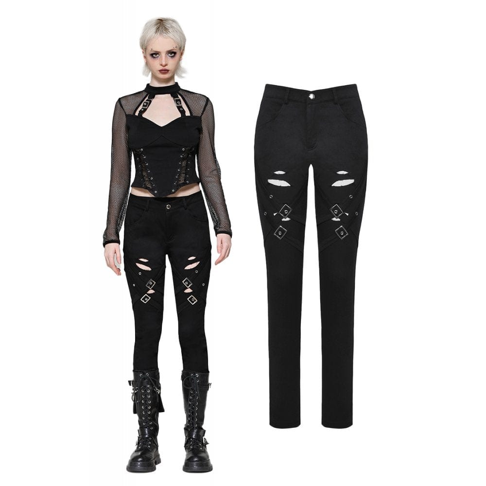 Darkinlove Women's Punk Cut-out Buckle-up Pants