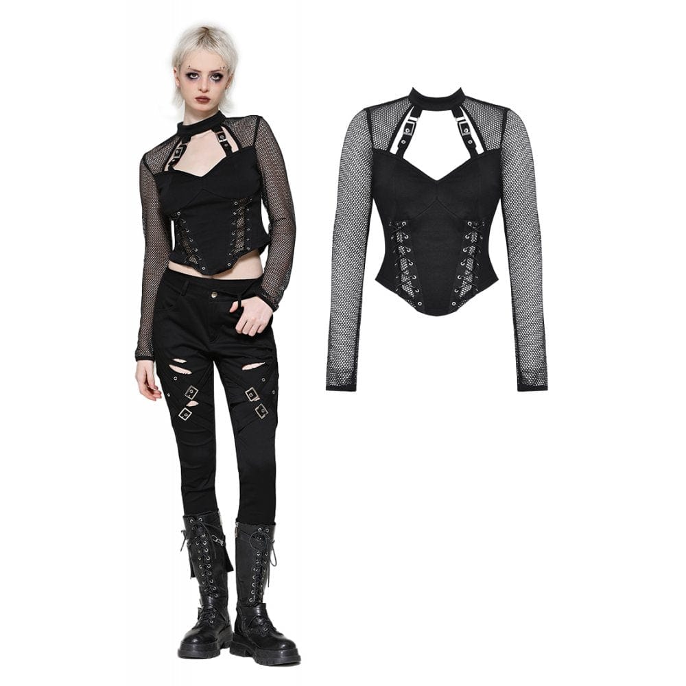 Darkinlove Women's Punk Cut-out Mesh Long Sleeved Blouse