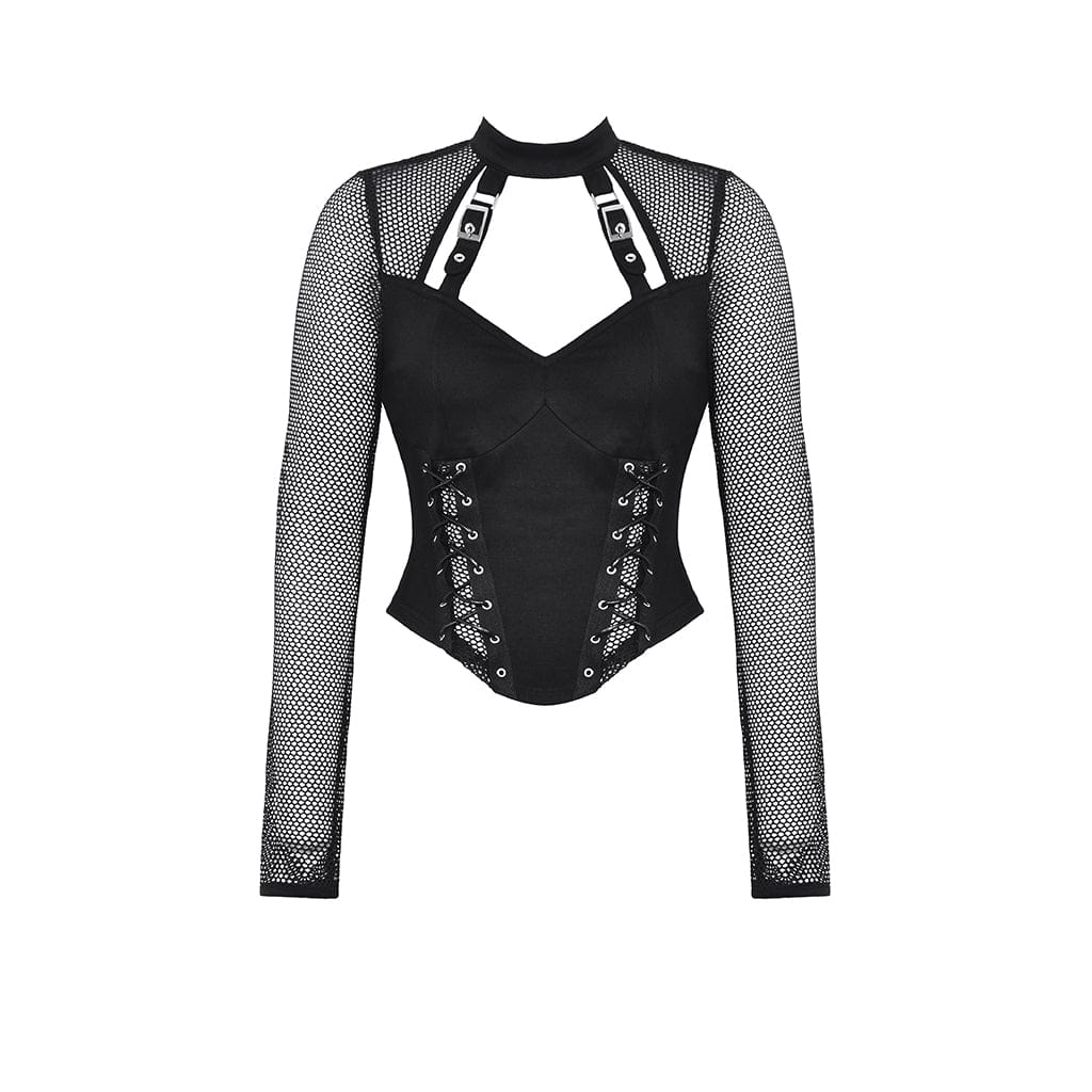 Darkinlove Women's Punk Cut-out Mesh Long Sleeved Blouse