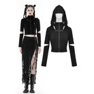 Darkinlove Women's Punk Cutout Eyelet Crop Top with Ripped Hood