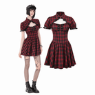 Darkinlove Women's Punk Cutout Turn-down Collar Plaid Short Sleeve Dress