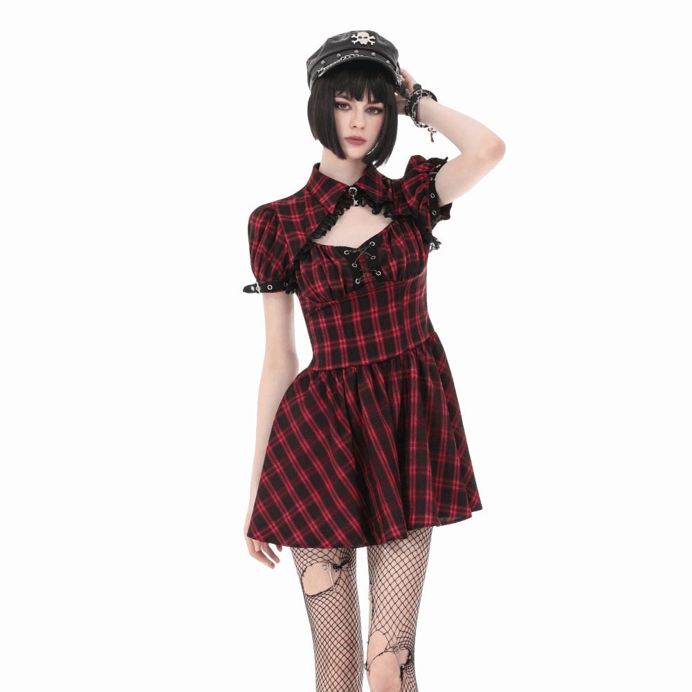 Darkinlove Women's Punk Cutout Turn-down Collar Plaid Short Sleeve Dress