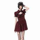 Darkinlove Women's Punk Cutout Turn-down Collar Plaid Short Sleeve Dress