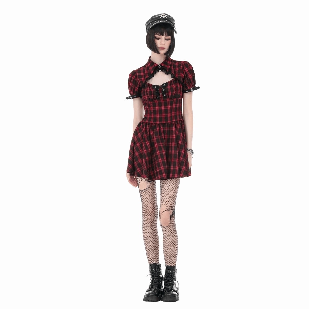 Darkinlove Women's Punk Cutout Turn-down Collar Plaid Short Sleeve Dress