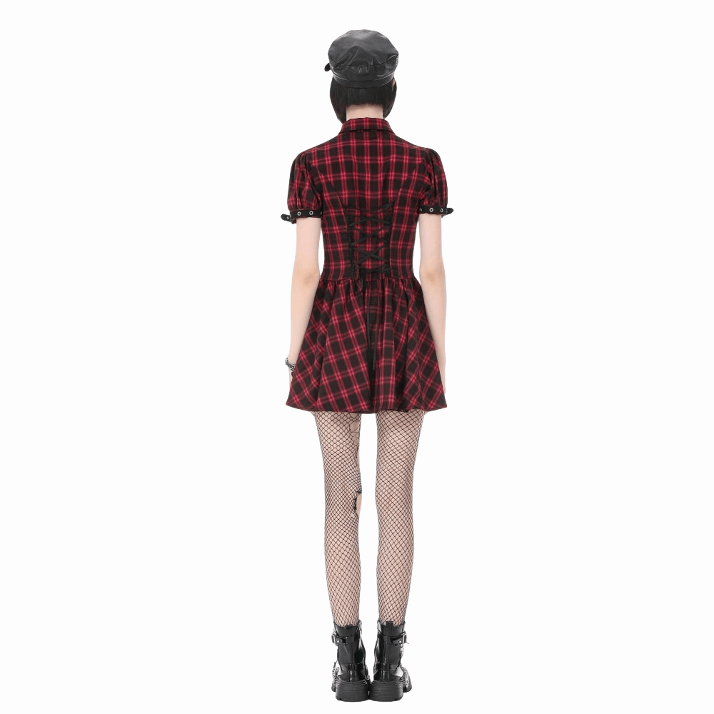Darkinlove Women's Punk Cutout Turn-down Collar Plaid Short Sleeve Dress