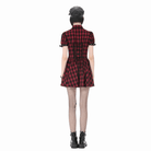 Darkinlove Women's Punk Cutout Turn-down Collar Plaid Short Sleeve Dress