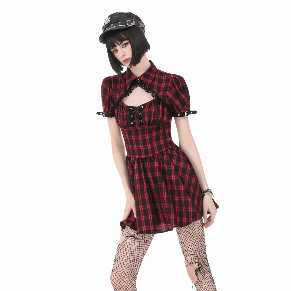 Darkinlove Women's Punk Cutout Turn-down Collar Plaid Short Sleeve Dress