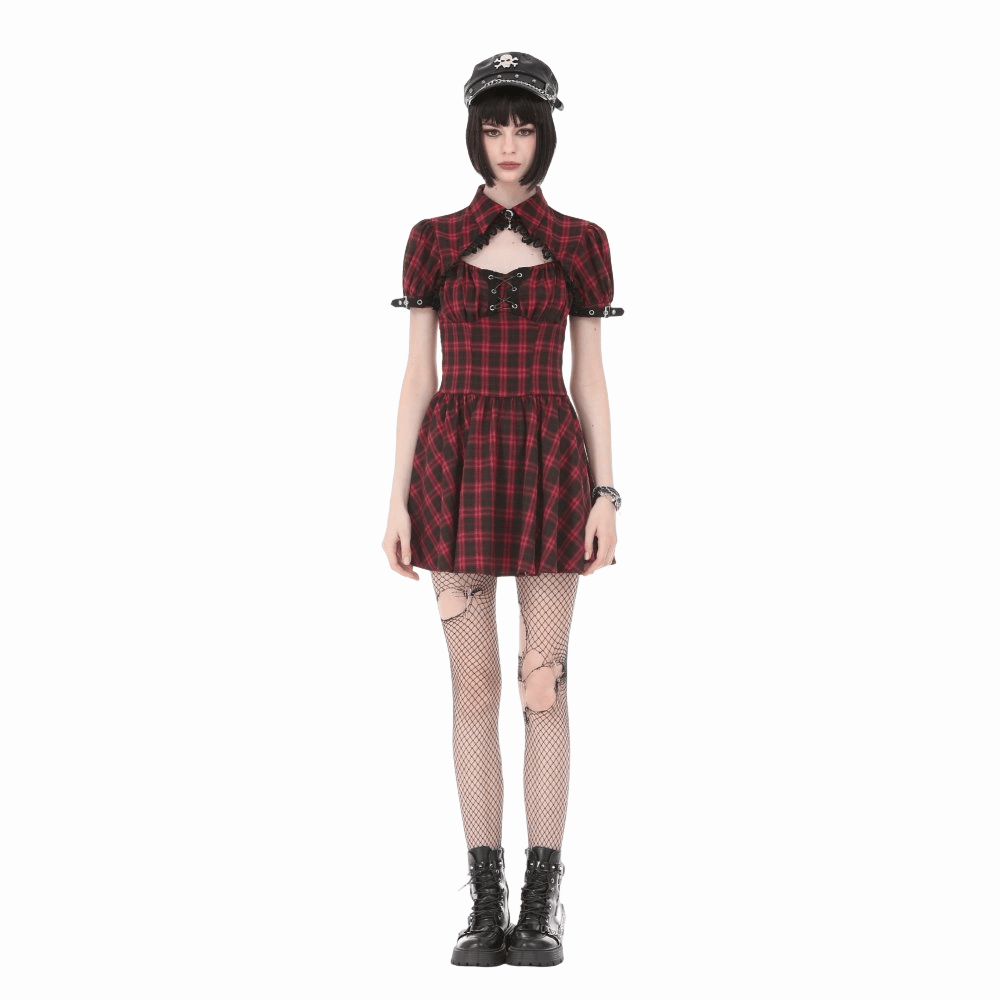 Darkinlove Women's Punk Cutout Turn-down Collar Plaid Short Sleeve Dress