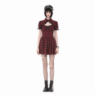 Darkinlove Women's Punk Cutout Turn-down Collar Plaid Short Sleeve Dress