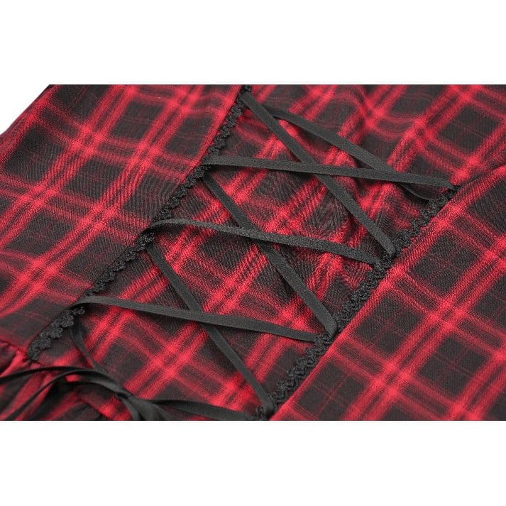 Darkinlove Women's Punk Cutout Turn-down Collar Plaid Short Sleeve Dress