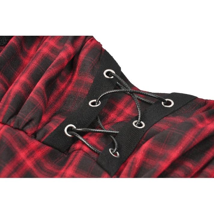 Darkinlove Women's Punk Cutout Turn-down Collar Plaid Short Sleeve Dress