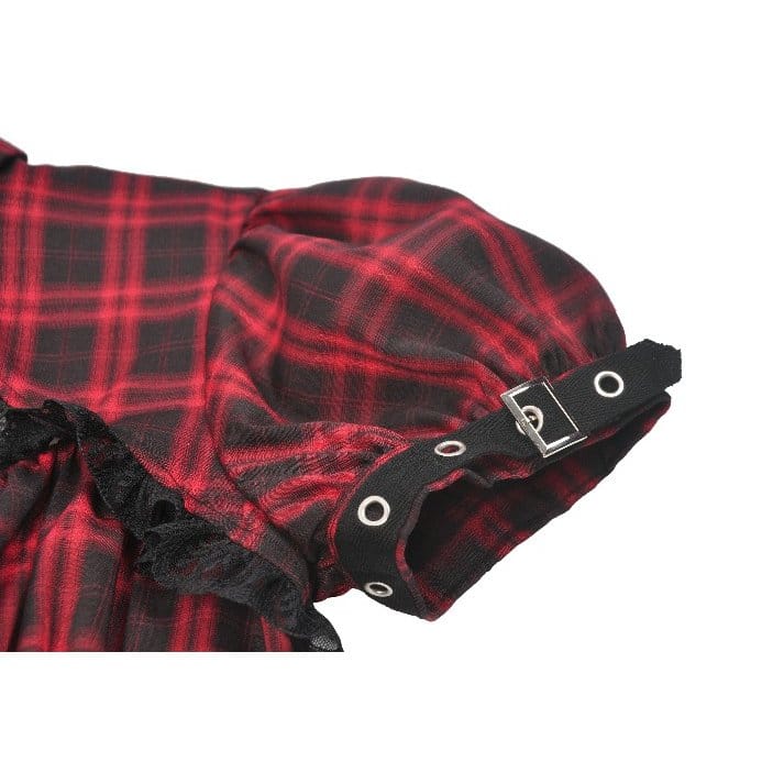 Darkinlove Women's Punk Cutout Turn-down Collar Plaid Short Sleeve Dress