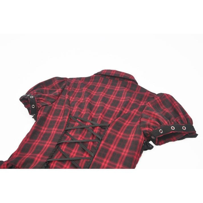Darkinlove Women's Punk Cutout Turn-down Collar Plaid Short Sleeve Dress
