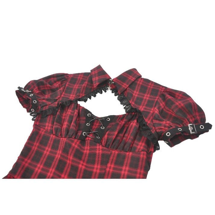 Darkinlove Women's Punk Cutout Turn-down Collar Plaid Short Sleeve Dress