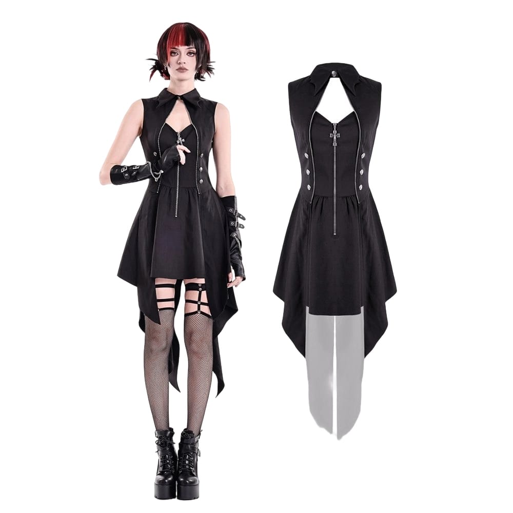 Darkinlove Women's Punk Cutout Turn-down Collar Zipper Irregular Hem Dress