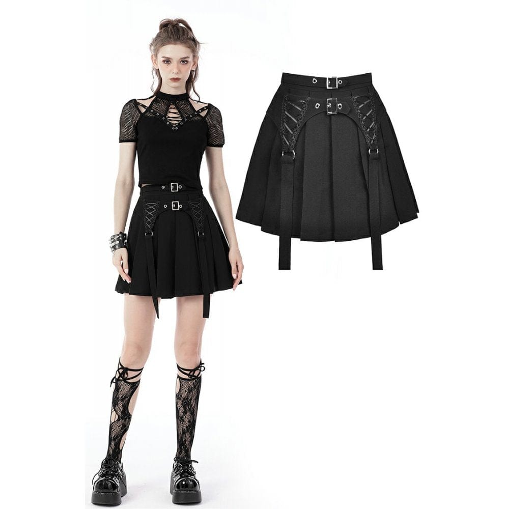 Darkinlove Women's Punk Double Buckles Pleated Skirt