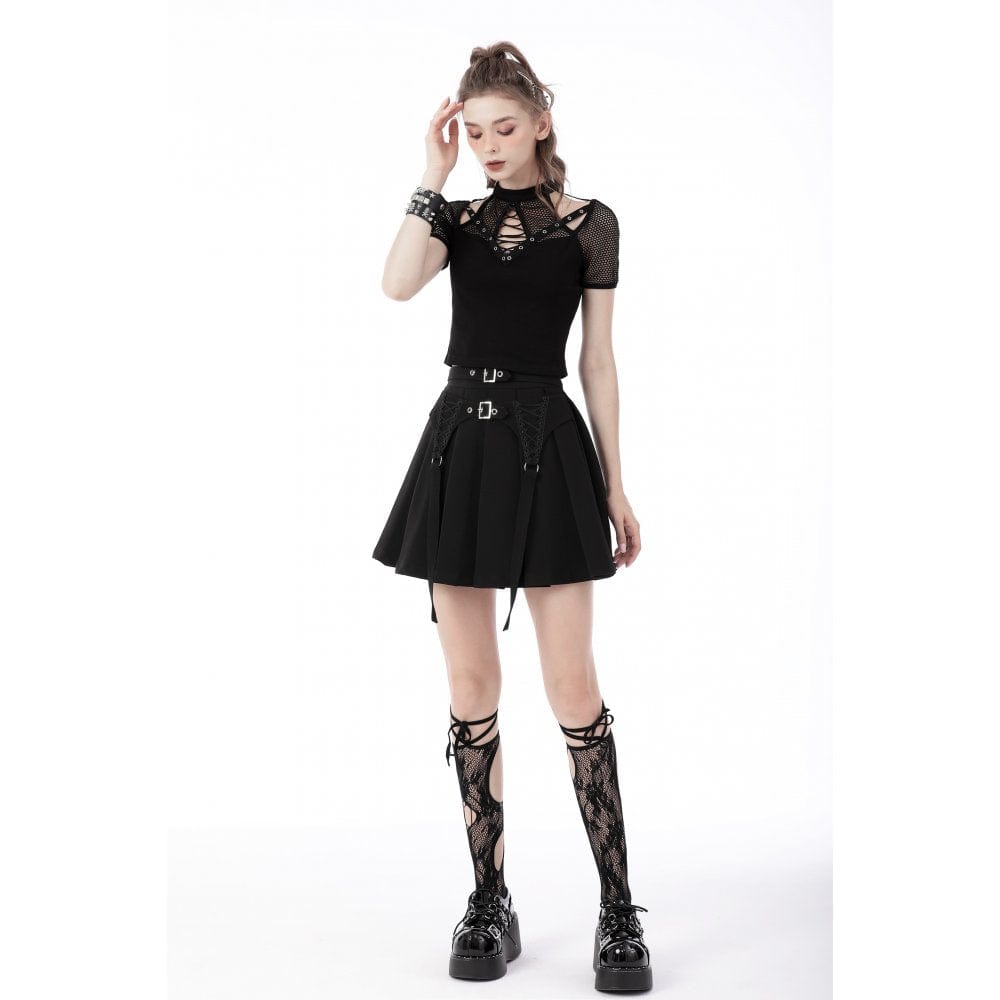 Darkinlove Women's Punk Double Buckles Pleated Skirt