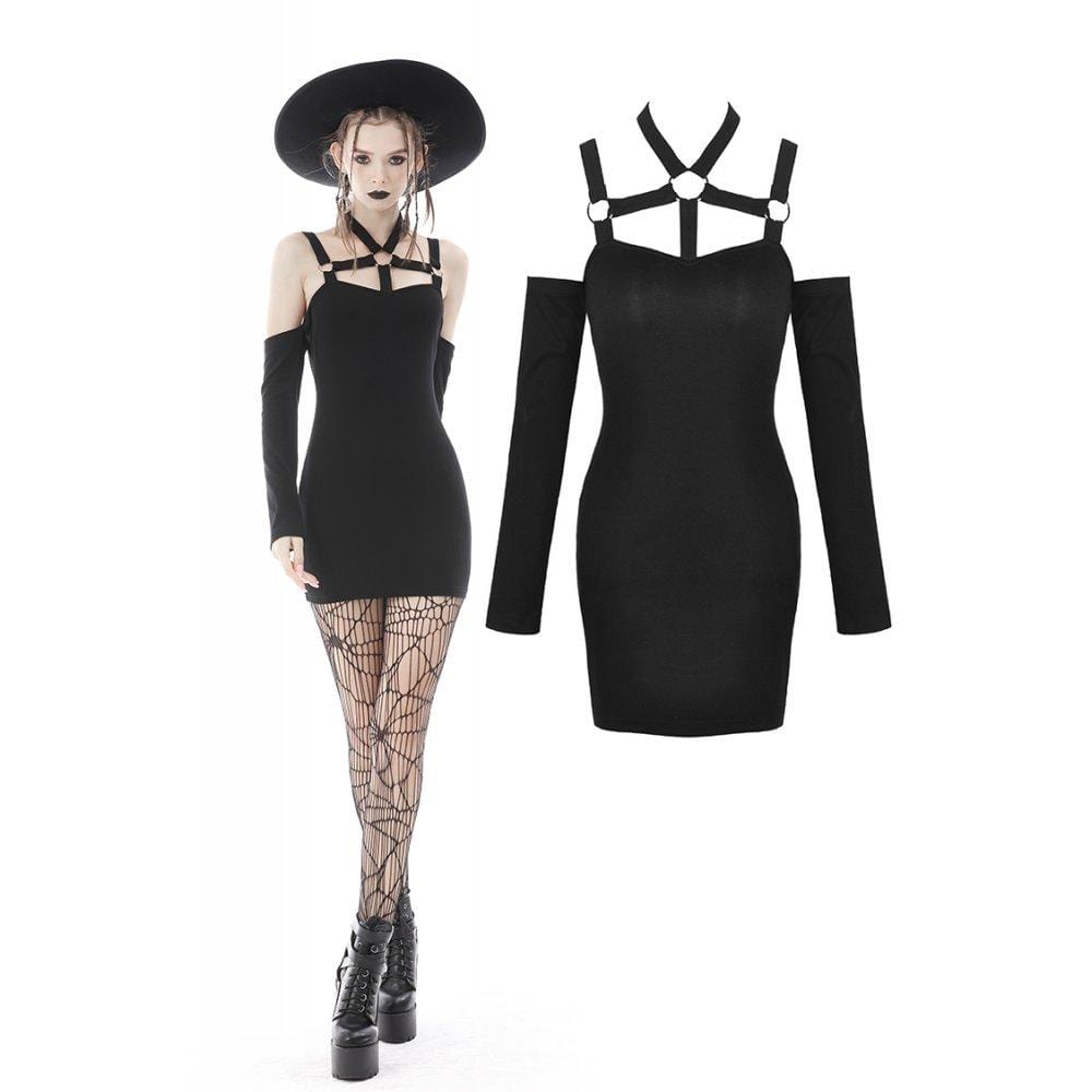 Darkinlove Women's Punk Elastic Tape Off Shoulder Mini Dress