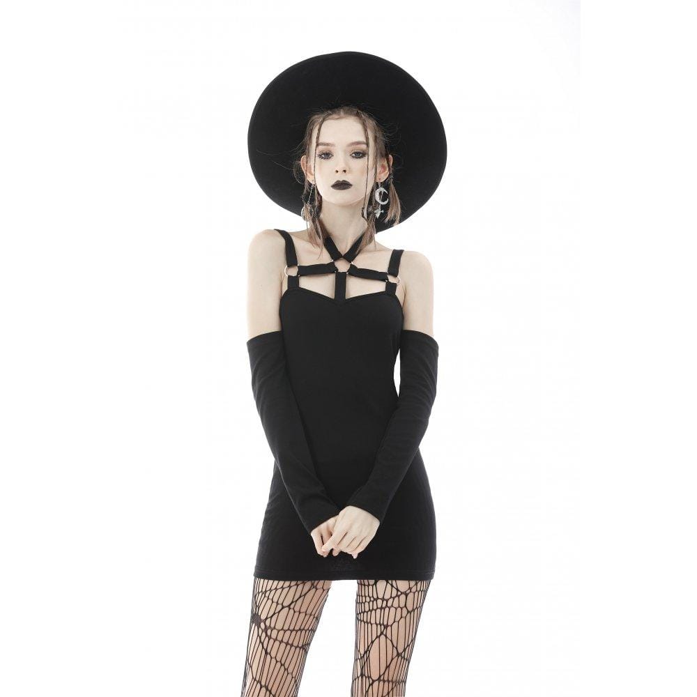 Darkinlove Women's Punk Elastic Tape Off Shoulder Mini Dress
