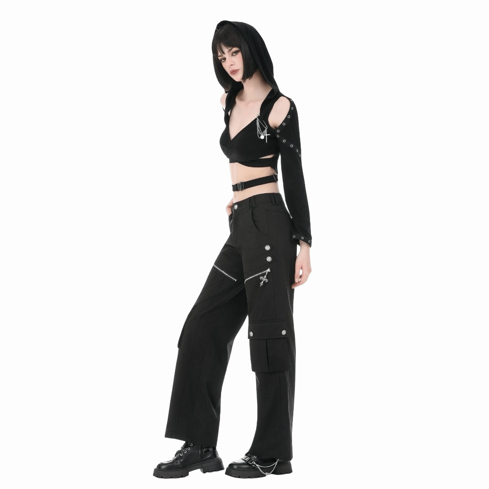 Darkinlove Women's Punk Eyelet Big Pocket Zipper Pants