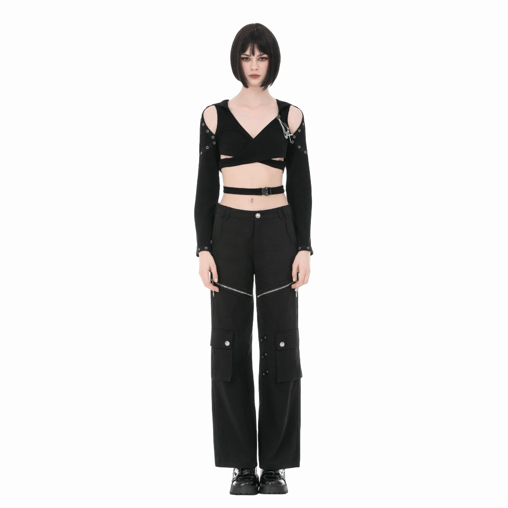 Darkinlove Women's Punk Eyelet Big Pocket Zipper Pants