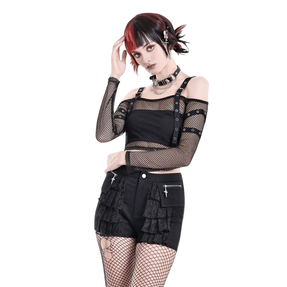 Darkinlove Women's Punk Eyelet Buckle Strap Mesh Long Sleeve Top