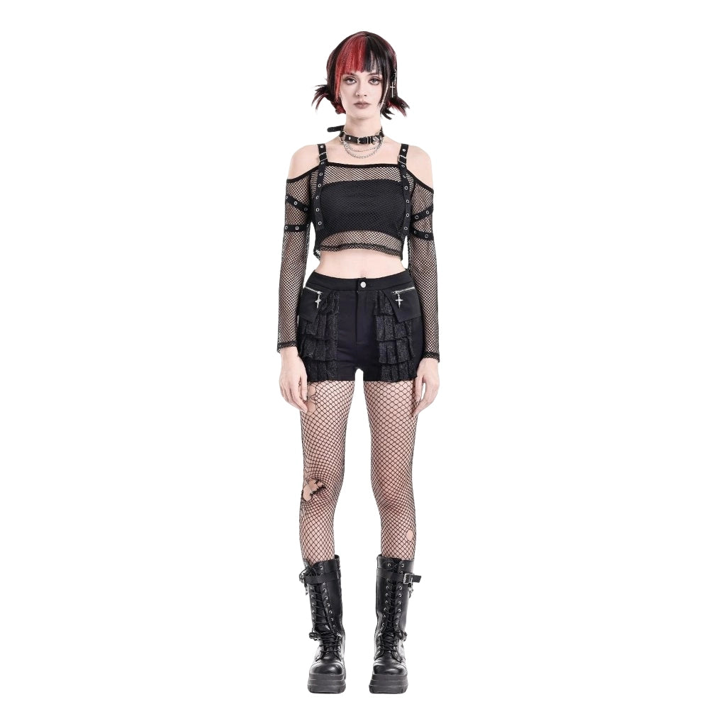 Darkinlove Women's Punk Eyelet Buckle Strap Mesh Long Sleeve Top