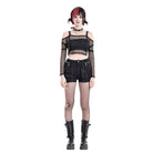 Darkinlove Women's Punk Eyelet Buckle Strap Mesh Long Sleeve Top