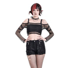 Darkinlove Women's Punk Eyelet Buckle Strap Mesh Long Sleeve Top