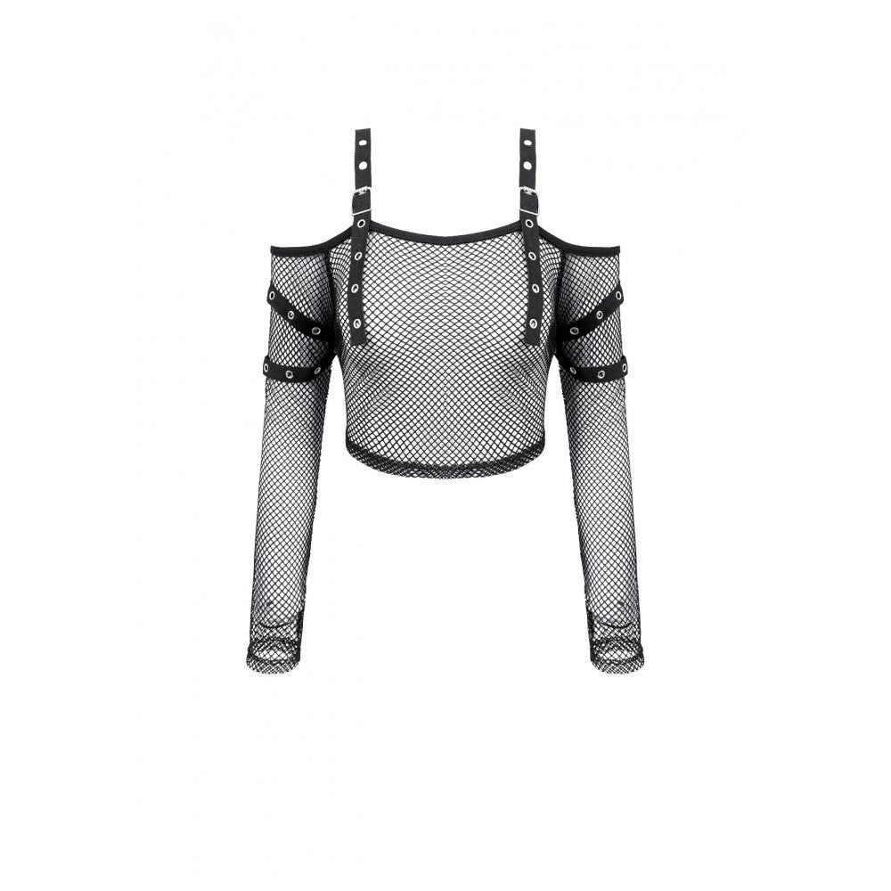 Darkinlove Women's Punk Eyelet Buckle Strap Mesh Long Sleeve Top