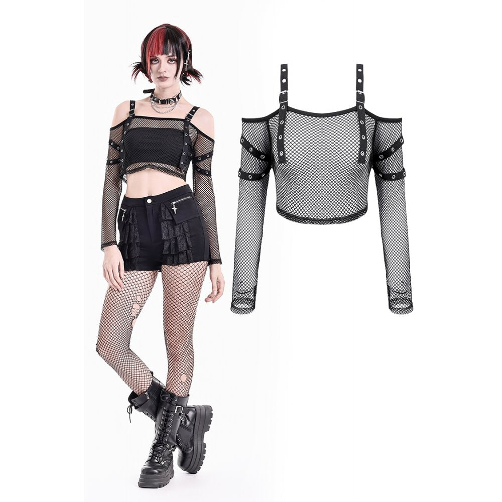 Darkinlove Women's Punk Eyelet Buckle Strap Mesh Long Sleeve Top
