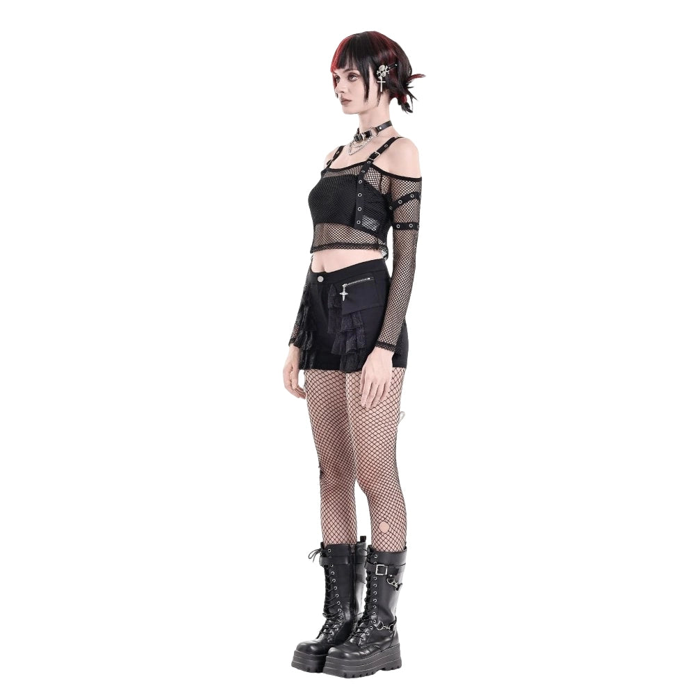 Darkinlove Women's Punk Eyelet Buckle Strap Mesh Long Sleeve Top