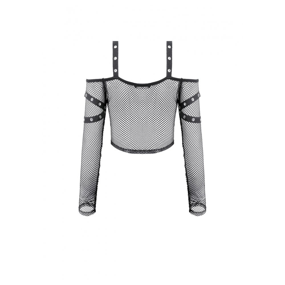 Darkinlove Women's Punk Eyelet Buckle Strap Mesh Long Sleeve Top