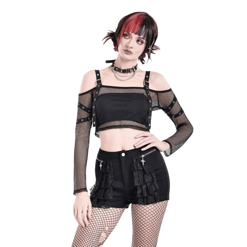 Darkinlove Women's Punk Eyelet Buckle Strap Mesh Long Sleeve Top
