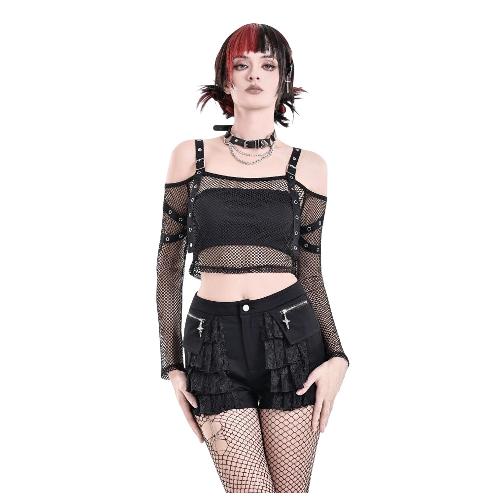 Darkinlove Women's Punk Eyelet Buckle Strap Mesh Long Sleeve Top