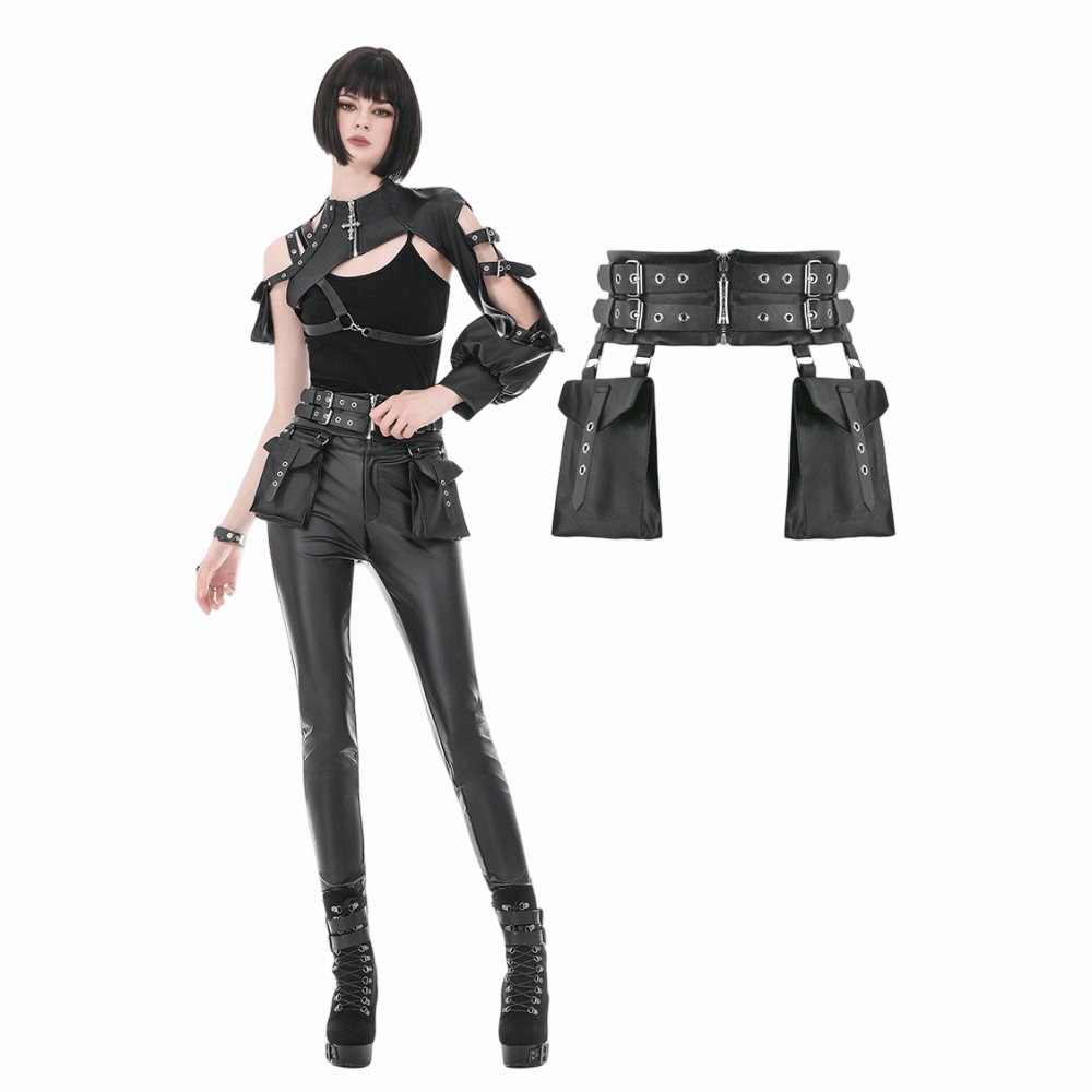Darkinlove Women's Punk Eyelet Buckle Strap Zipper Belt with Pouches