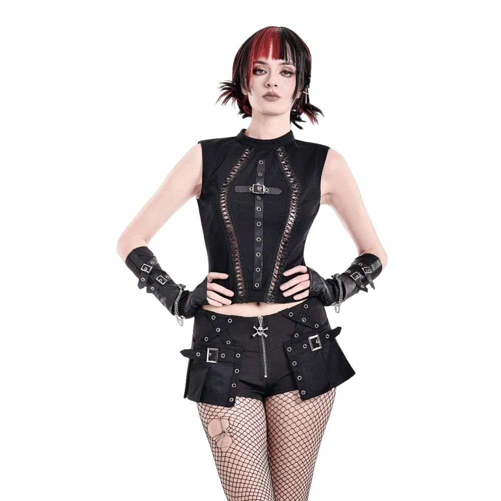 Darkinlove Women's Punk Eyelet Buckle Strap Zipper Mini Pleated Shorts