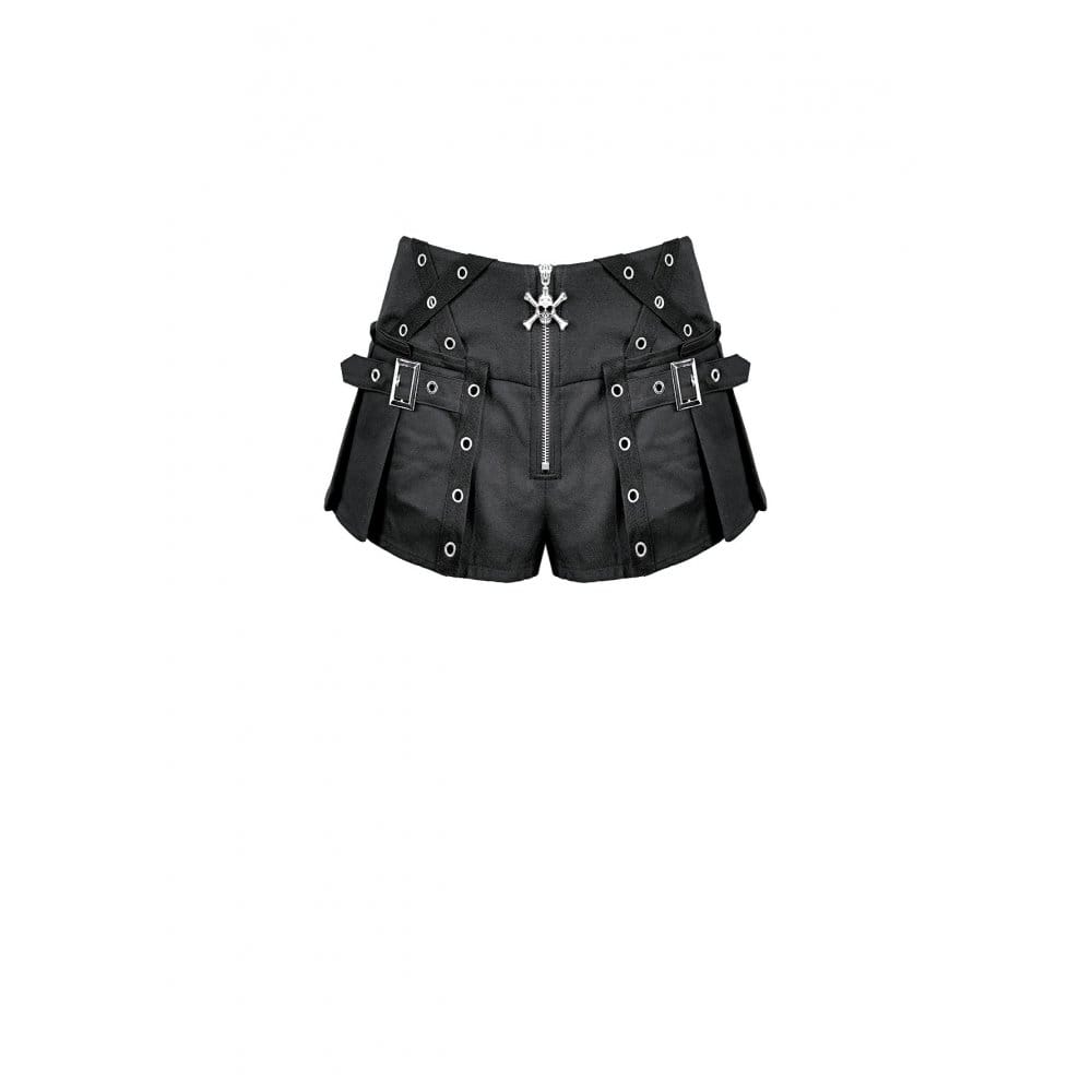 Darkinlove Women's Punk Eyelet Buckle Strap Zipper Mini Pleated Shorts