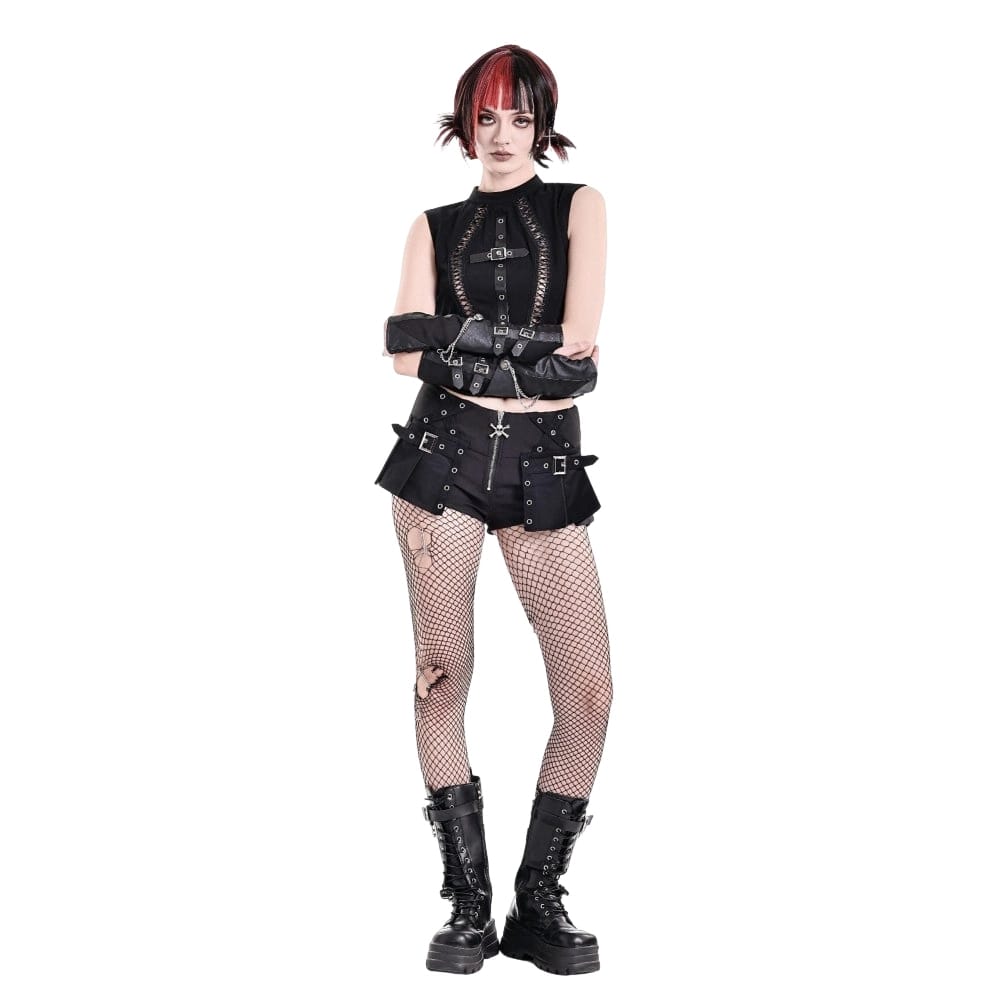 Darkinlove Women's Punk Eyelet Buckle Strap Zipper Mini Pleated Shorts