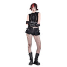 Darkinlove Women's Punk Eyelet Buckle Strap Zipper Mini Pleated Shorts