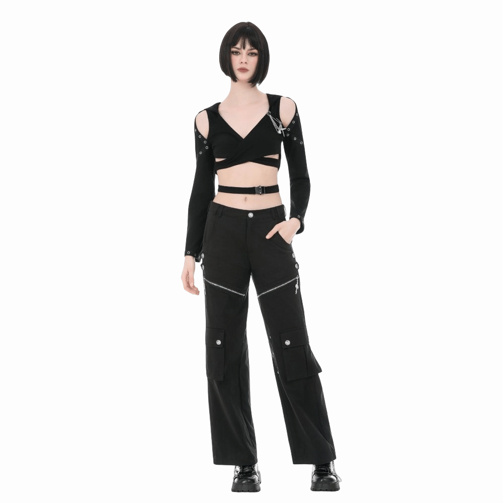 Darkinlove Women's Punk Eyelet Cutout Hooded Long Sleeve Crop Top with Detachable Brooch