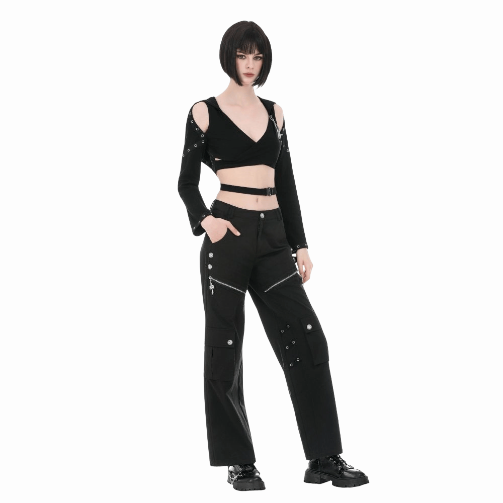 Darkinlove Women's Punk Eyelet Cutout Hooded Long Sleeve Crop Top with Detachable Brooch