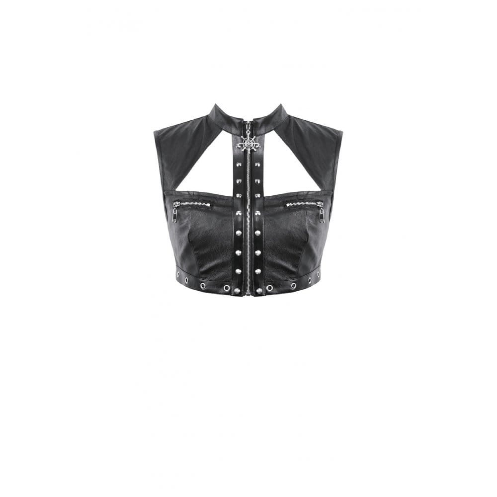 Darkinlove Women's Punk Eyelet Rivet Cutout Zipper Crop Top