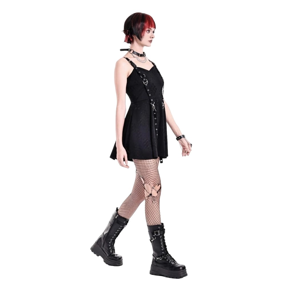 Darkinlove Women's Punk Eyelet Strap Distressed Flare Slip Dress