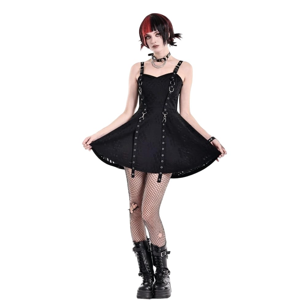 Darkinlove Women's Punk Eyelet Strap Distressed Flare Slip Dress