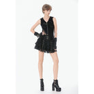 Darkinlove Women's Punk Eyelet Strap Multilayer Lace Mini Skirt