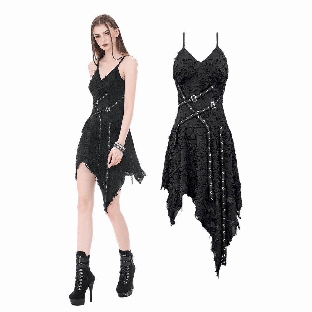 Darkinlove Women's Punk Eyelet Straps Irregular Hem Slip Dress