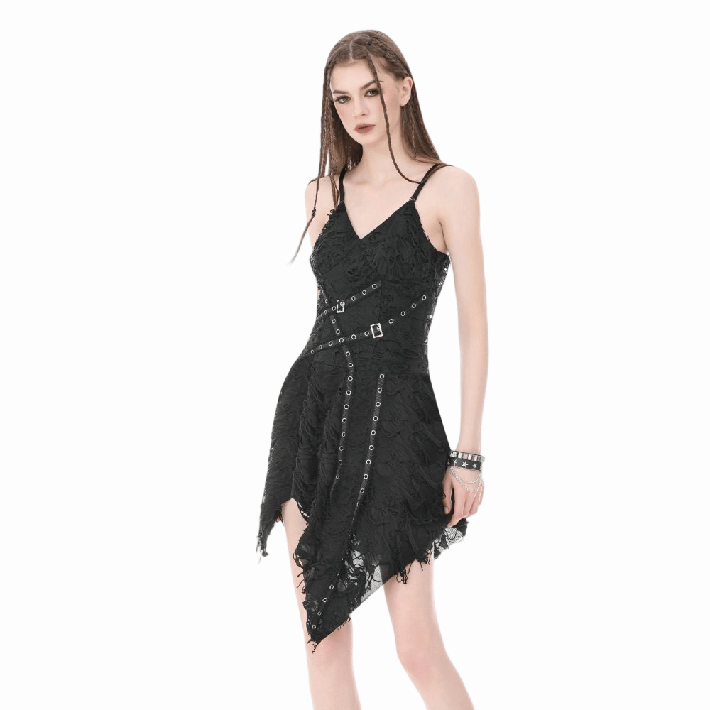 Darkinlove Women's Punk Eyelet Straps Irregular Hem Slip Dress